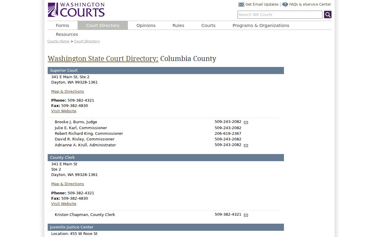 Columbia County court docket directory for Superior and District courts