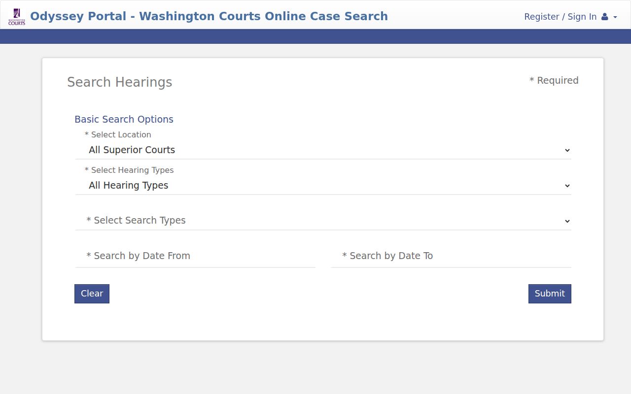 Columbia County docket search Odyssey hearing filters