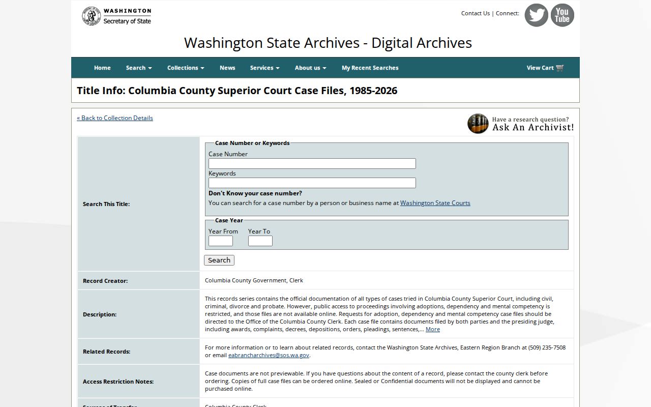 Washington Digital Archives Columbia Superior Court collection search