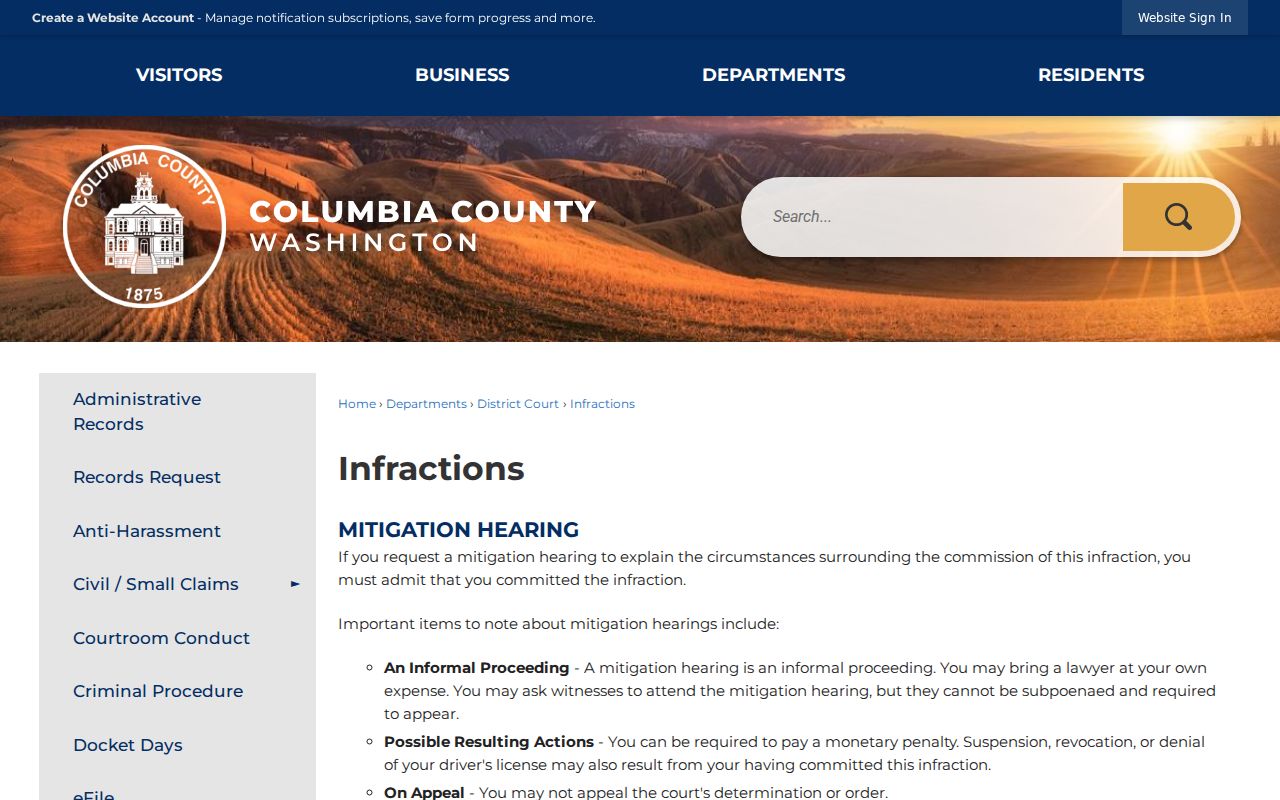Columbia County infraction payment, contest, mitigation, and deferral instructions